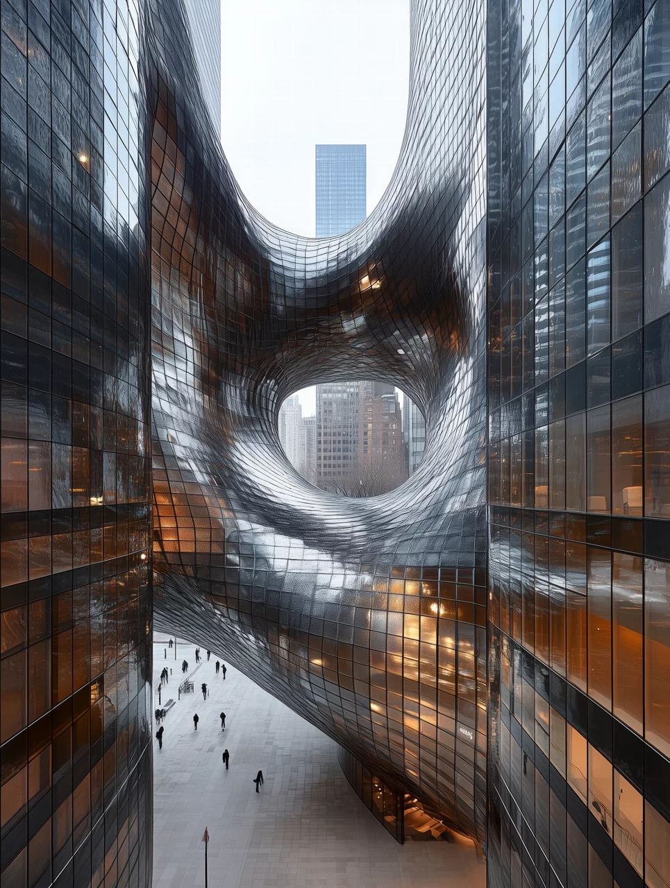 A modernist abstract building twisting and warping into its surroundings.